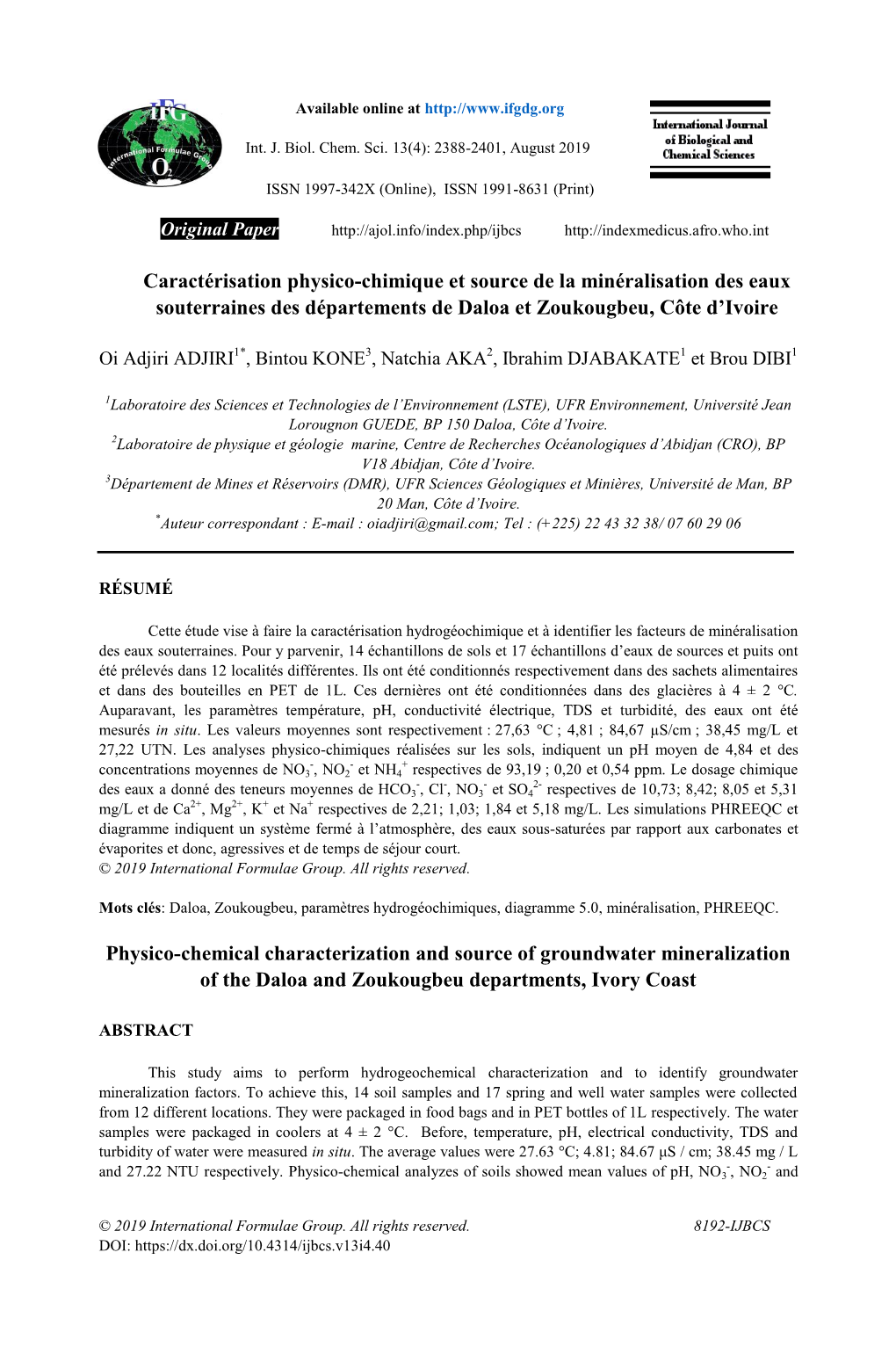 Caractérisation Physico-Chimique Et Source De La Minéralisation Des Eaux Souterraines Des Départements De Daloa Et Zoukougbeu, Côte D’Ivoire