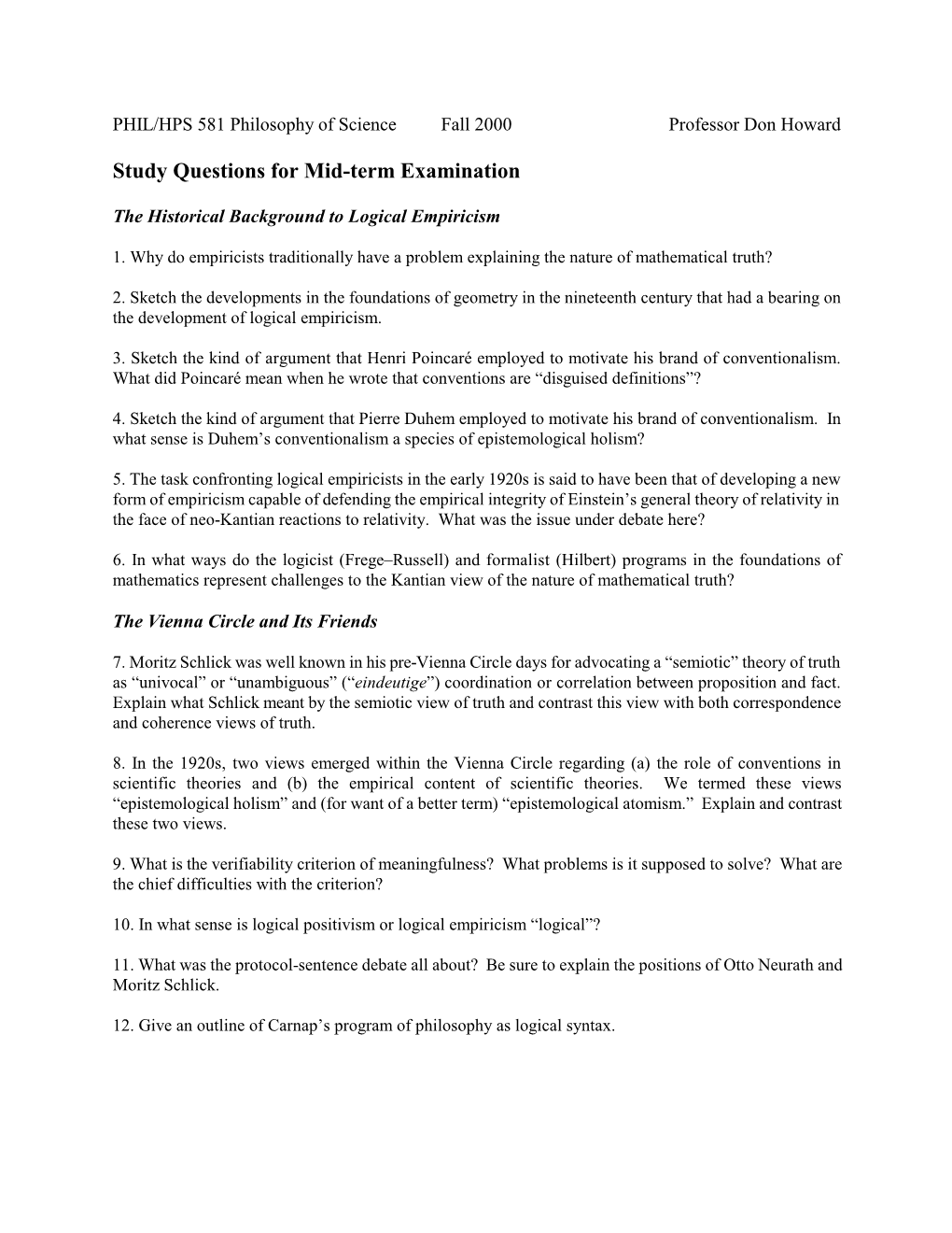 Study Questions for Mid-Term Examination