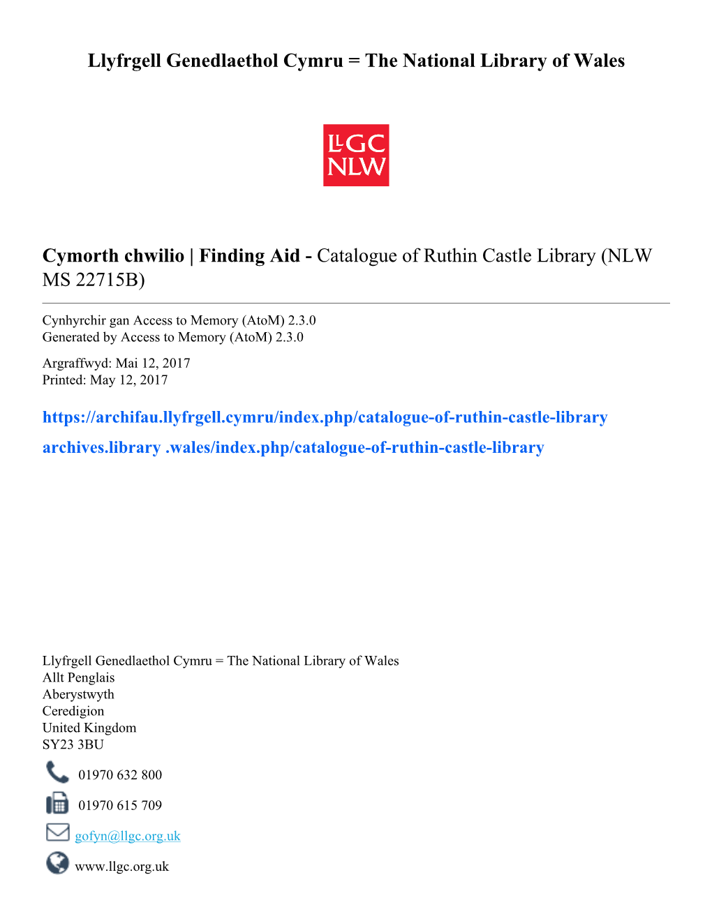 Catalogue of Ruthin Castle Library (NLW MS 22715B)