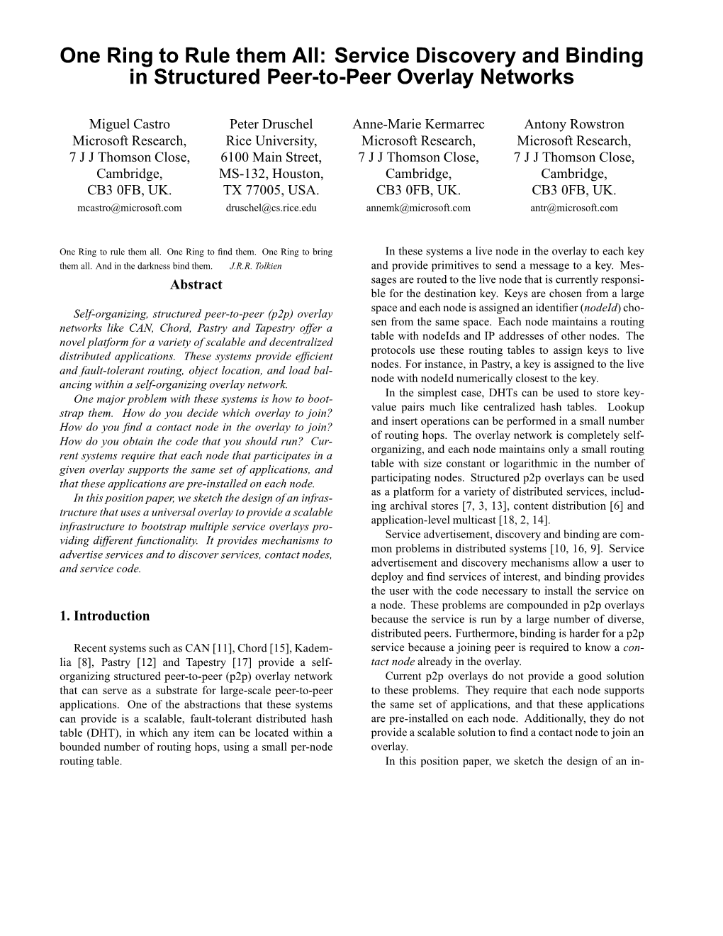 One Ring to Rule Them All: Service Discovery and Binding in Structured Peer-To-Peer Overlay Networks