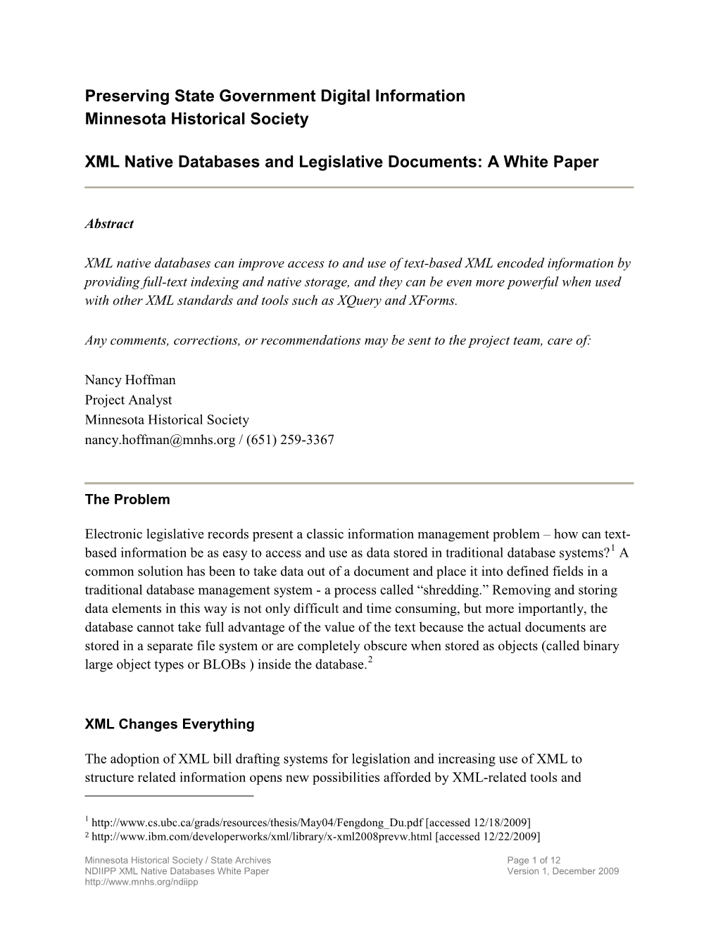 XML Native Databases and Legislative Documents: a White Paper