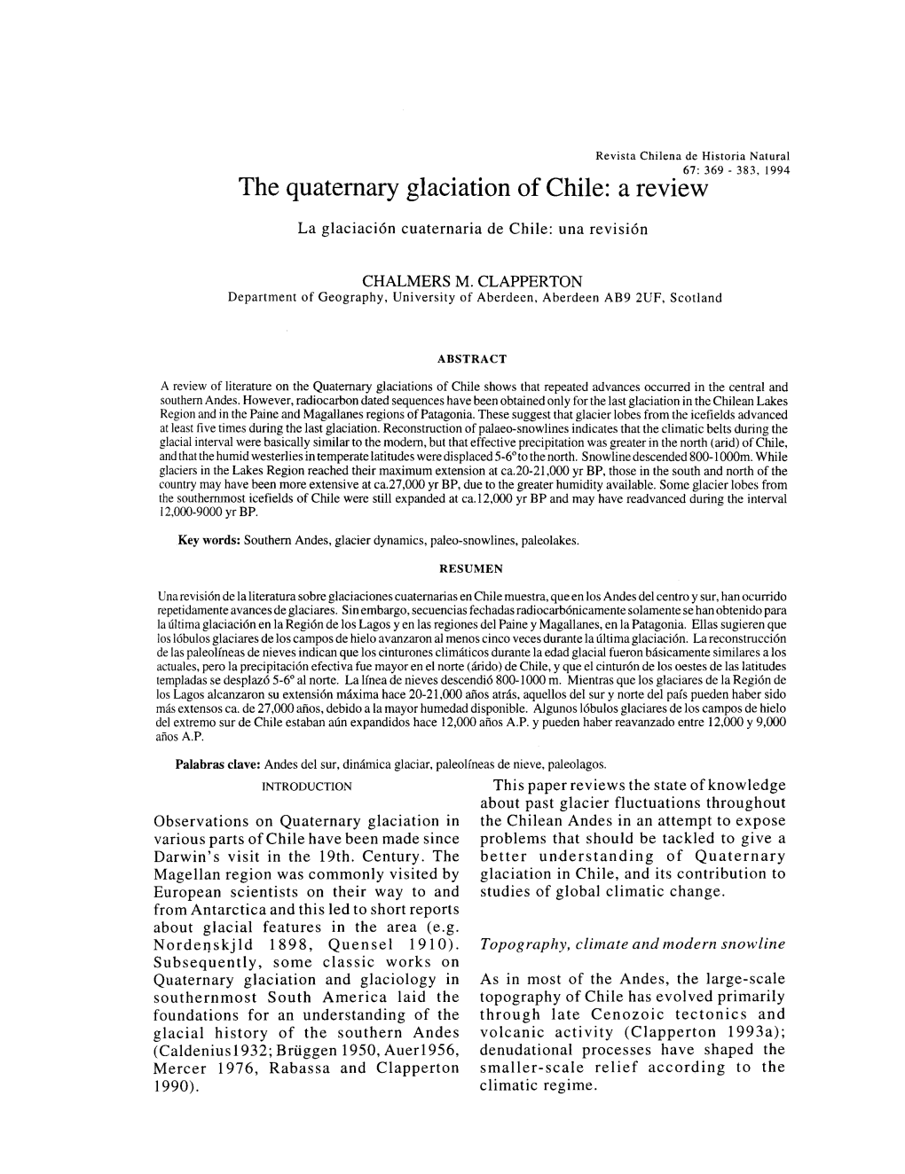 The Quaternary Glaciation of Chile: a Review