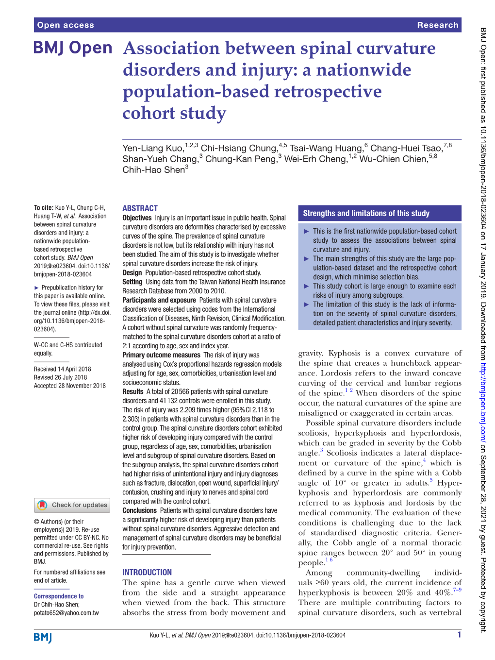 Association Between Spinal Curvature Disorders and Injury: a Nationwide Population-Based Retrospective Cohort Study