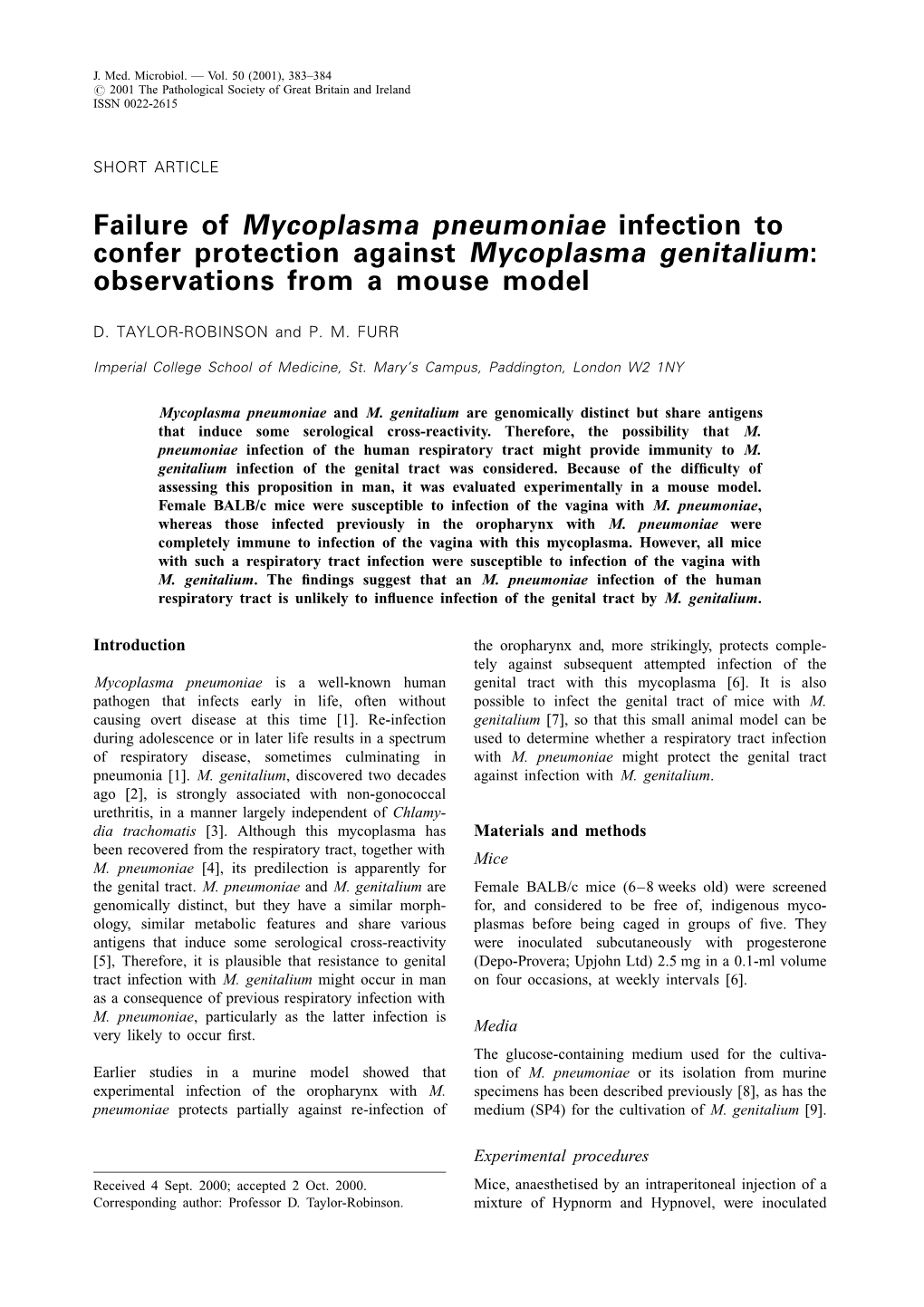 Failure of Mycoplasma Pneumoniae Infection to Confer Protection Against Mycoplasma Genitalium: Observations from a Mouse Model