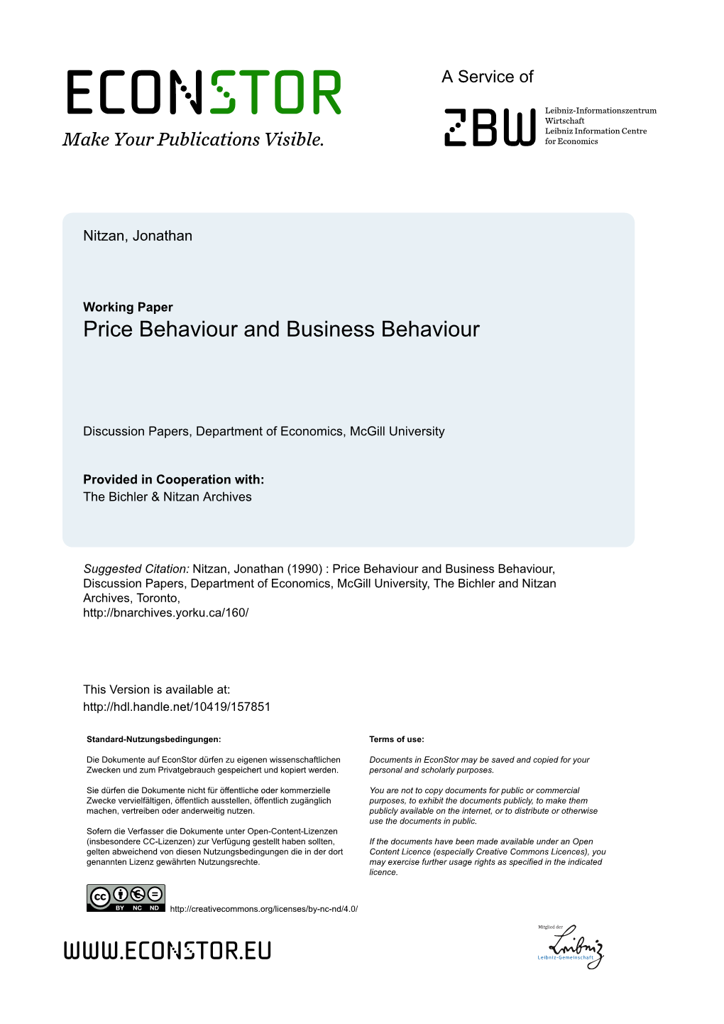 Price Behaviour and Business Behaviour