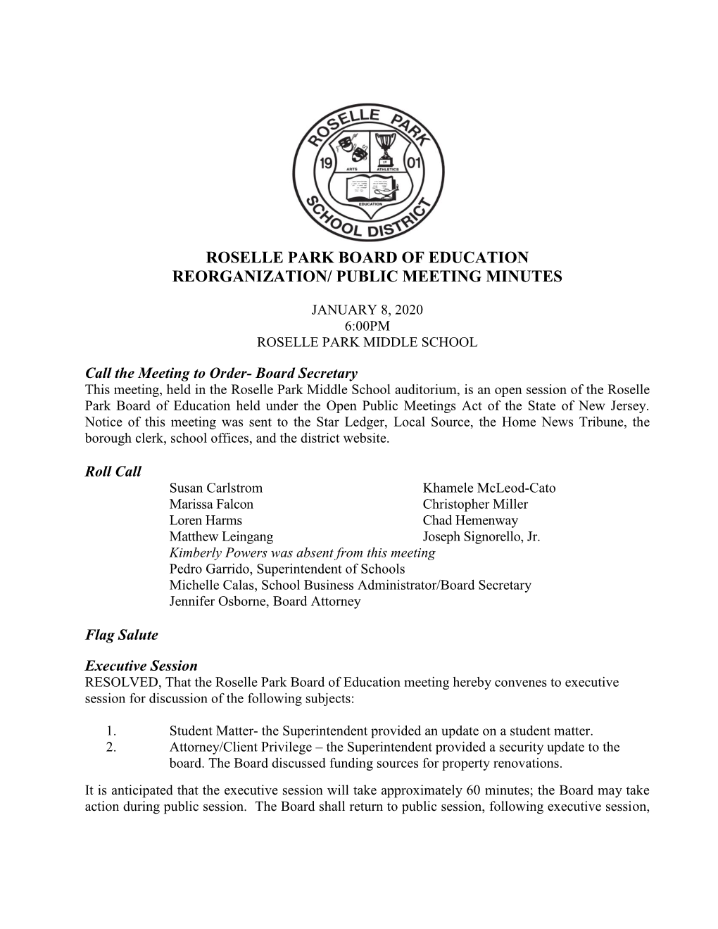 Roselle Park Board of Education Reorganization/ Public Meeting Minutes