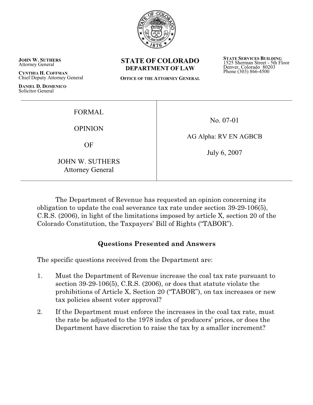 Formal Opinion of John Suthers No. 07-01 RV EN AGBCB July 6, 2007