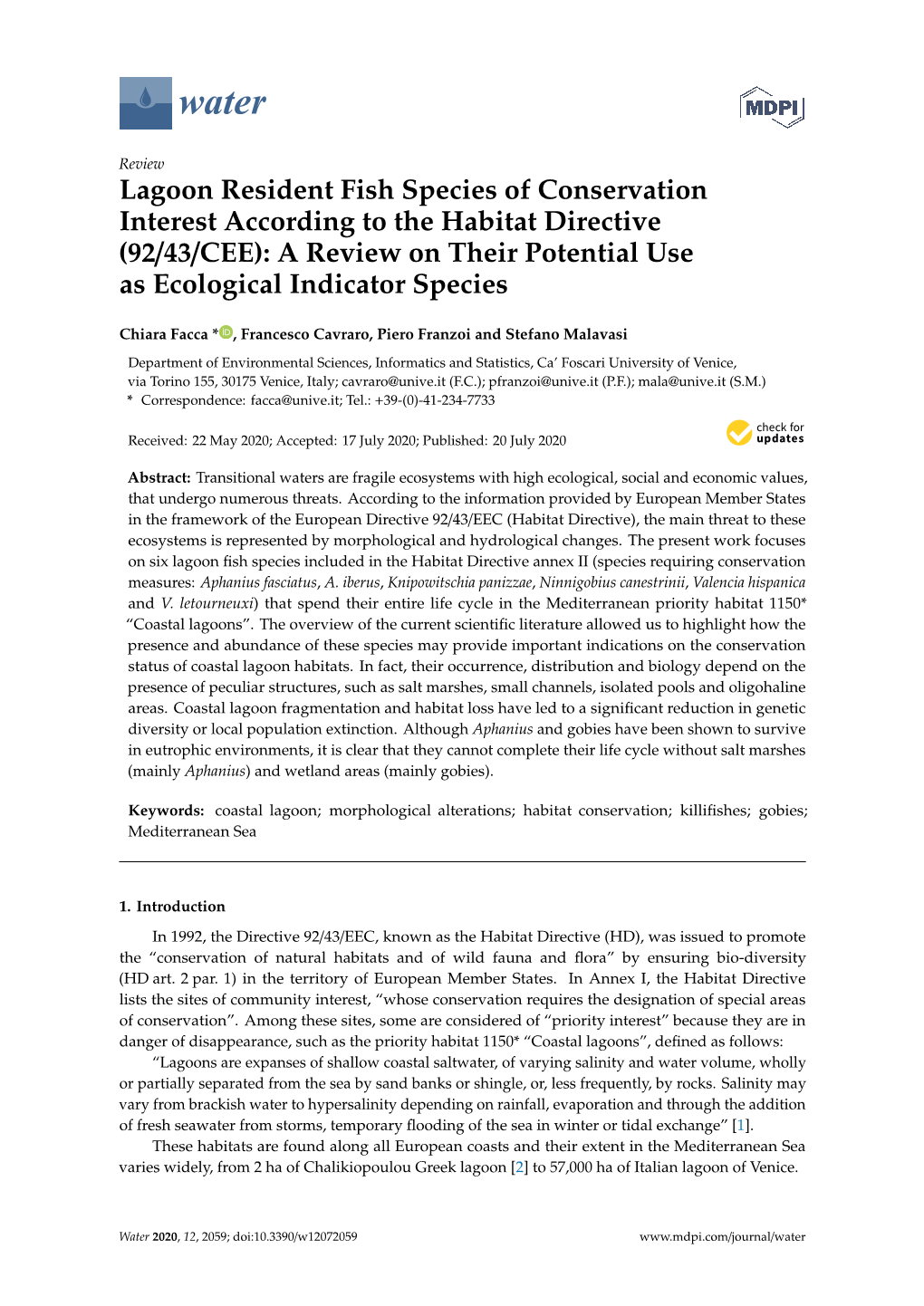 Lagoon Resident Fish Species of Conservation Interest According to the Habitat Directive (92/43/CEE): a Review on Their Potential Use As Ecological Indicator Species