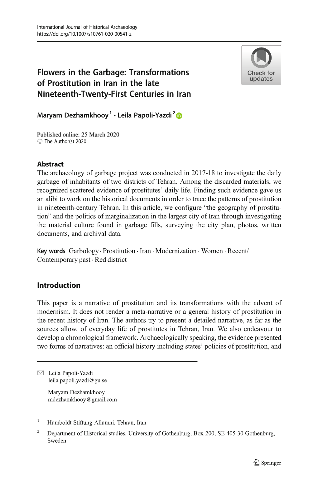 Flowers in the Garbage: Transformations of Prostitution in Iran in the Late Nineteenth-Twenty-First Centuries in Iran