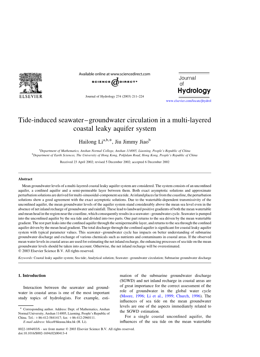 Tide-Induced Seawater–Groundwater Circulation in a Multi-Layered Coastal Leaky Aquifer System