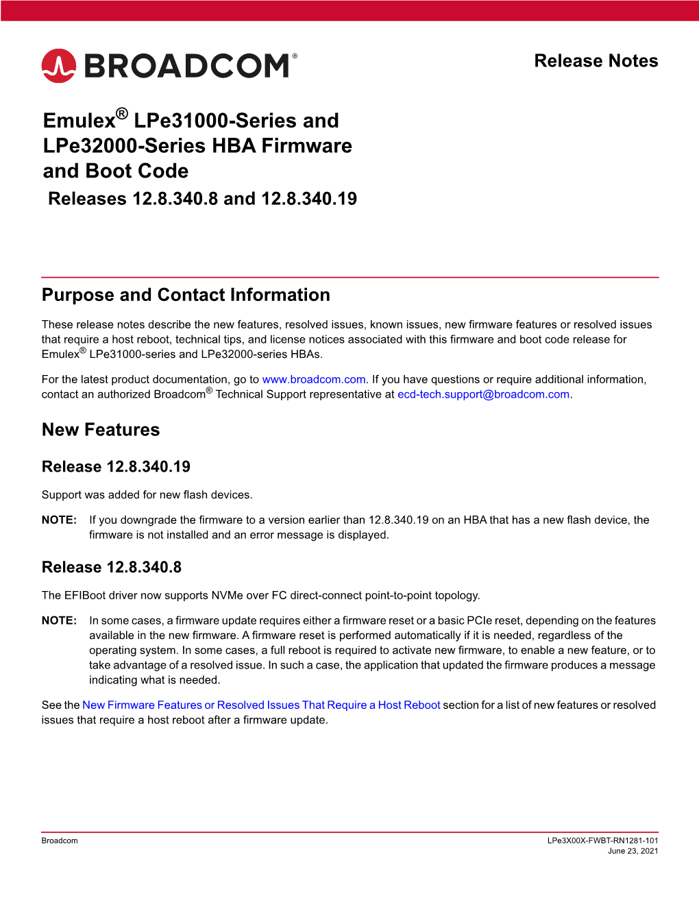 Emulex Lpe31000-Series and Lpe32000-Series HBA Firmware and Boot Code Release Notes Releases 12.8.340.8 and 12.8.340.19 Resolved Issues