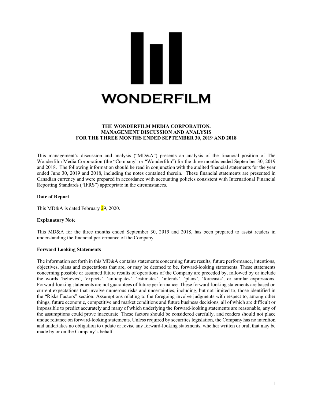 1 the Wonderfilm Media Corporation