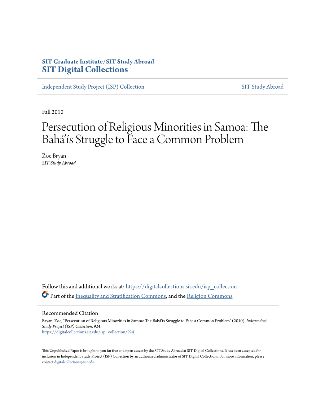 Persecution of Religious Minorities in Samoa: the Bahá’Ís Struggle to Face a Common Problem Zoe Bryan SIT Study Abroad