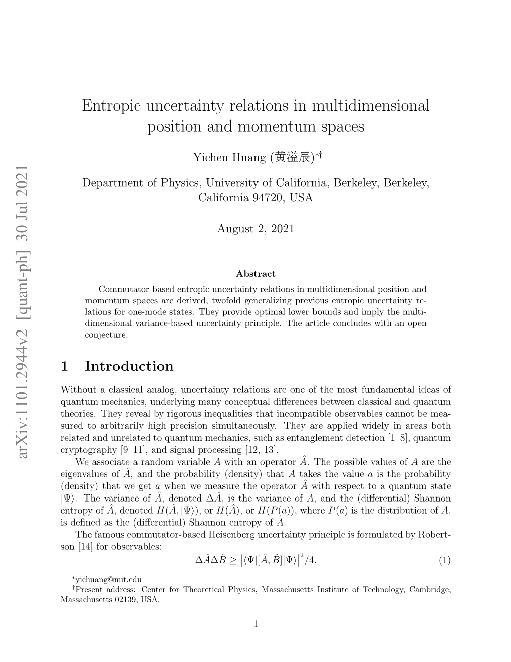 Arxiv:1101.2944V2 [Quant-Ph] 30 Jul 2021 Entropic Uncertainty Relations