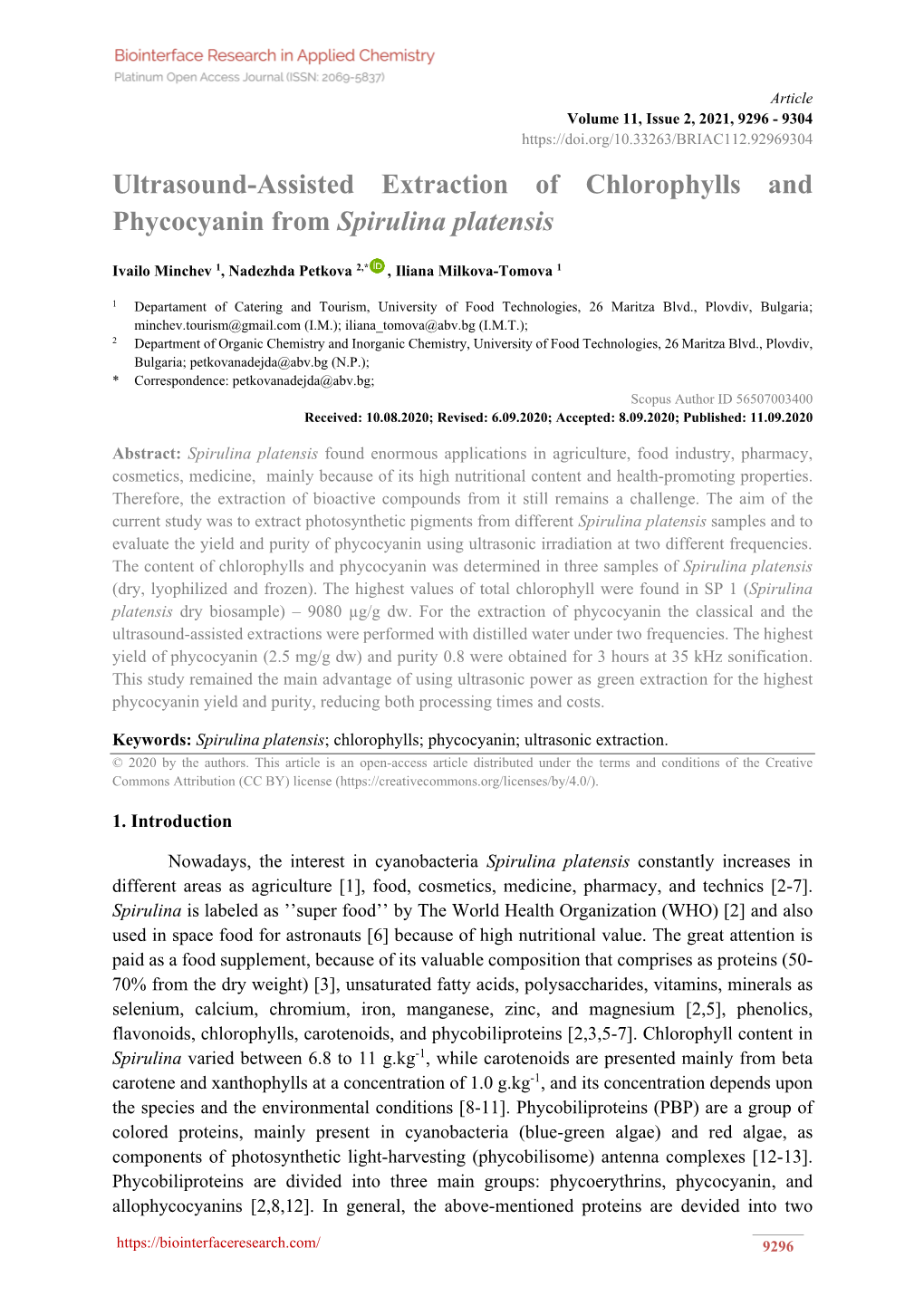 Ultrasound-Assisted Extraction of Chlorophylls and Phycocyanin from Spirulina Platensis