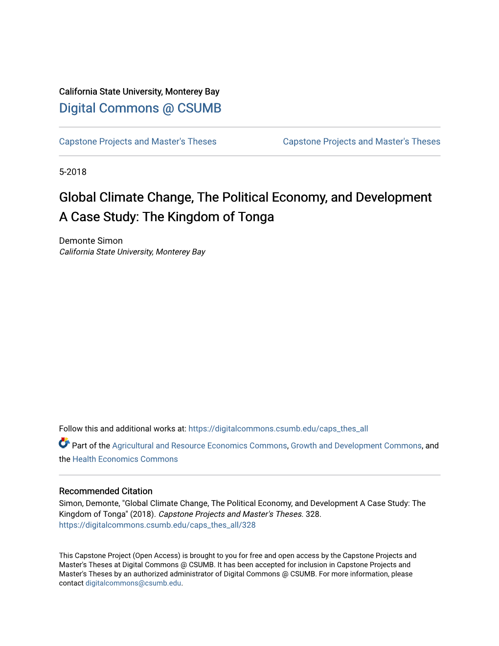 Global Climate Change, the Political Economy, and Development a Case Study: the Kingdom of Tonga