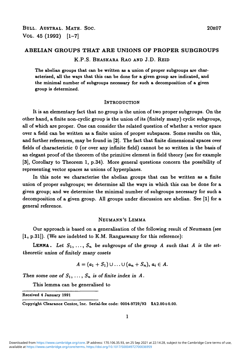 Abelian Groups That Are Unions of Proper Subgroups K.P.S