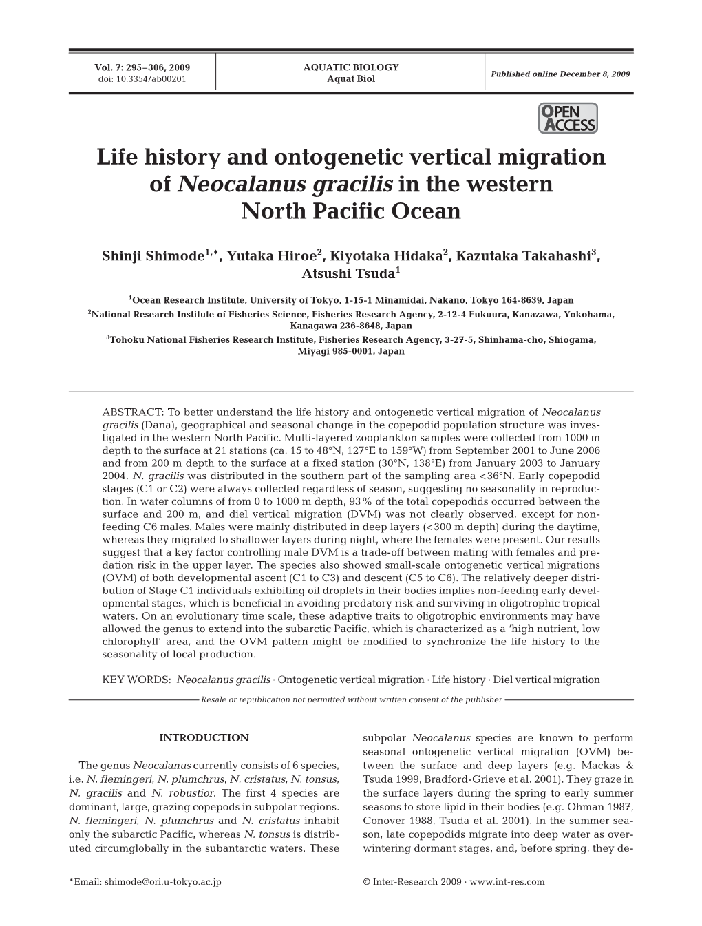 Life History and Ontogenetic Vertical Migration of Neocalanus Gracilis in the Western North Pacific Ocean