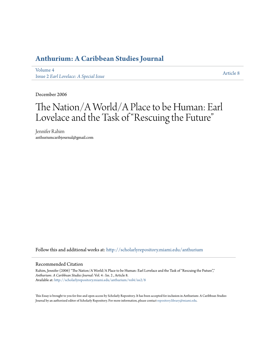 Earl Lovelace and the Task of Â•Œrescuing the Futureâ•Š
