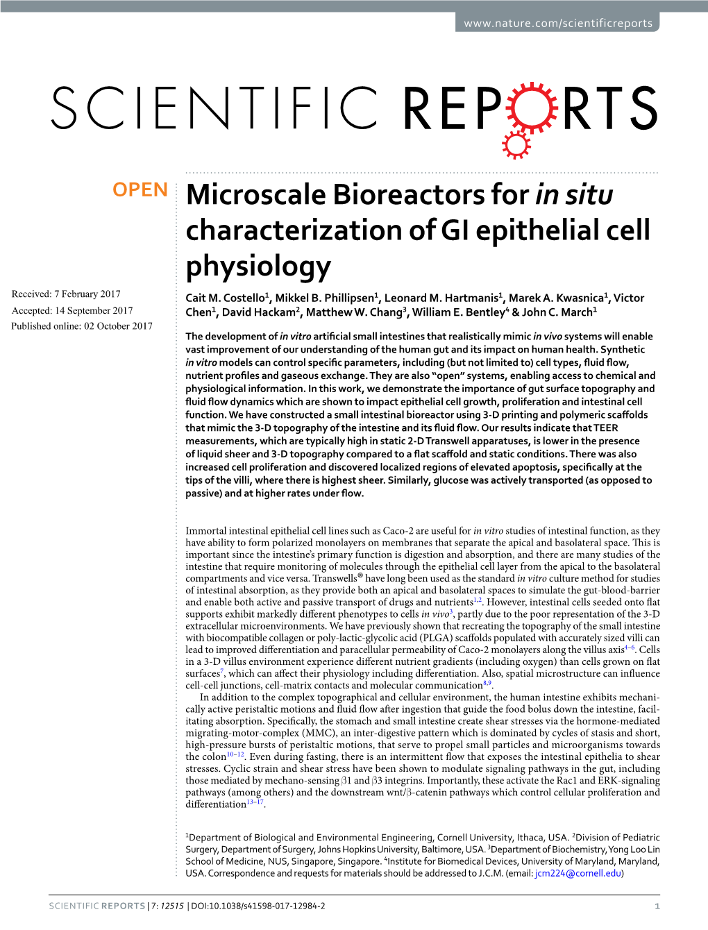 Microscale Bioreactors for in Situ Characterization of GI Epithelial Cell Physiology Received: 7 February 2017 Cait M