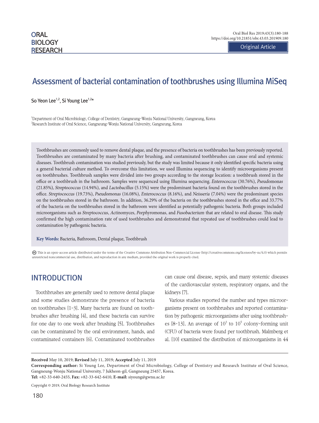 Assessment of Bacterial Contamination of Toothbrushes Using Illumina Miseq