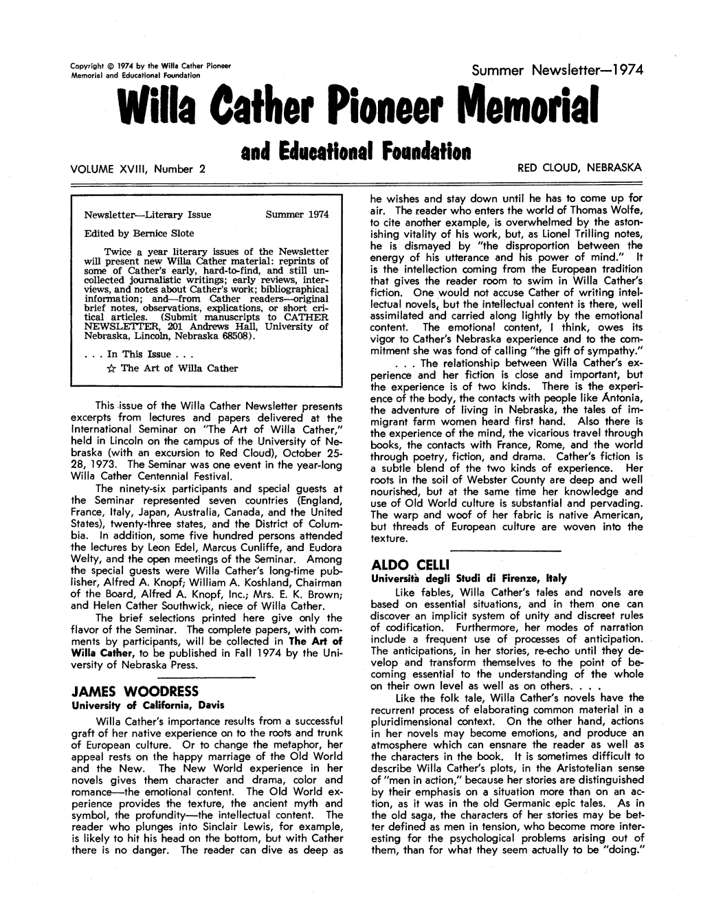 Willa ( Ather Pioneer Memorial and Educational Foundation VOLUME Xvlll, Number 2 RED CLOUD, NEBRASKA