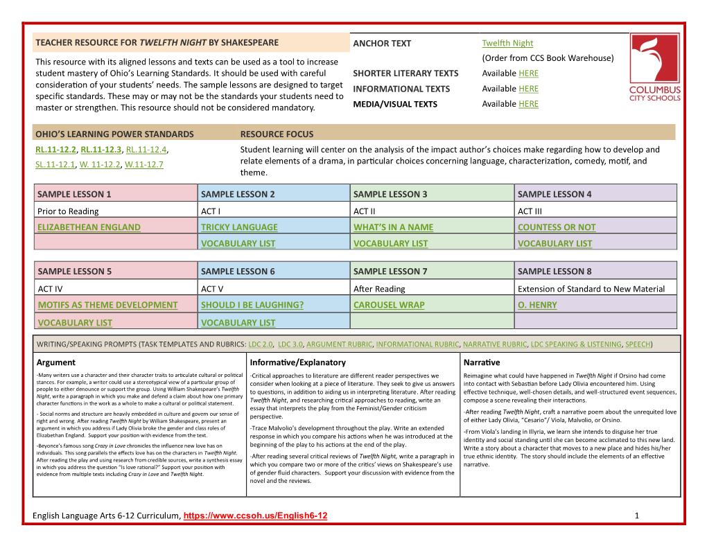 Teacher Resource for Twelfth Night by Shakespeare Anchor Text