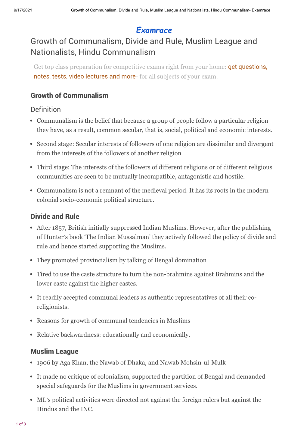 Growth of Communalism, Divide and Rule, Muslim League and Nationalists, Hindu Communalism- Examrace