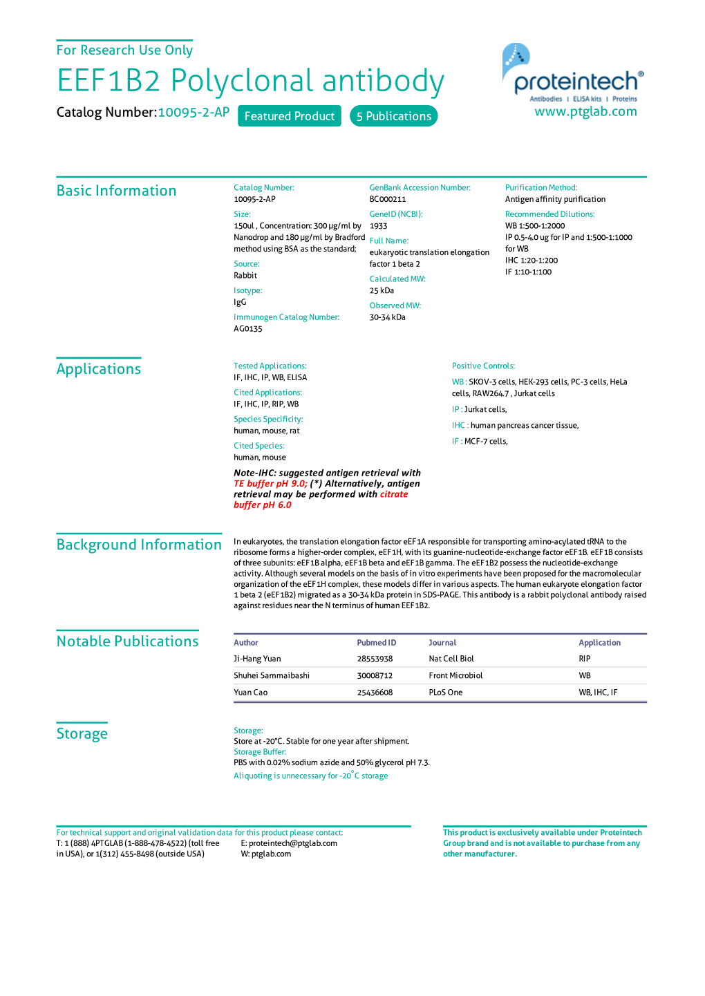 EEF1B2 Polyclonal Antibody Catalog Number:10095-2-AP Featured Product 5 Publications