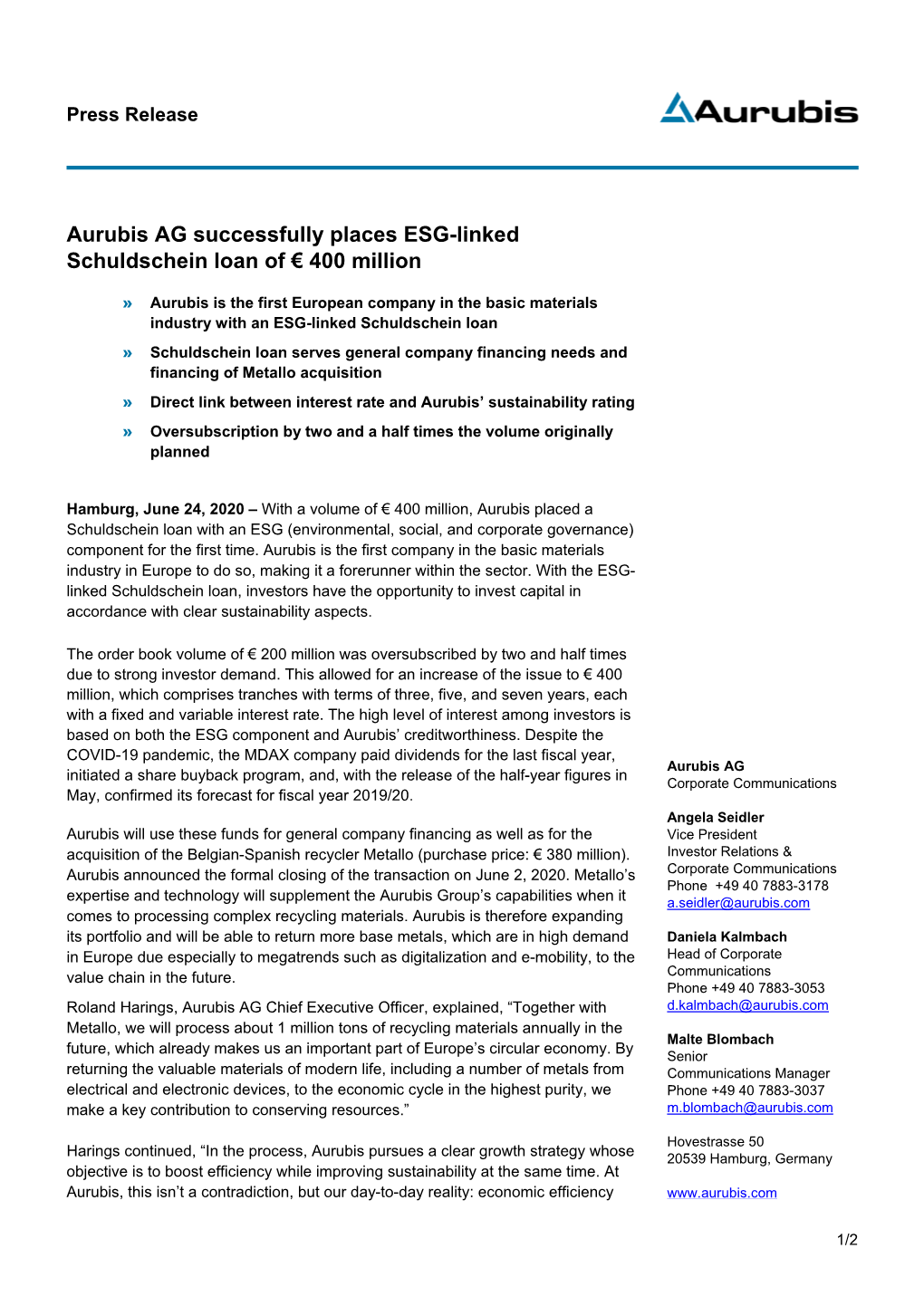 Aurubis AG Successfully Places ESG-Linked Schuldschein Loan of € 400 Million