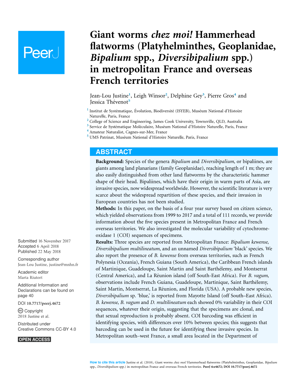 Platyhelminthes, Geoplanidae, Bipalium Spp., Diversibipalium Spp.) in Metropolitan France and Overseas French Territories