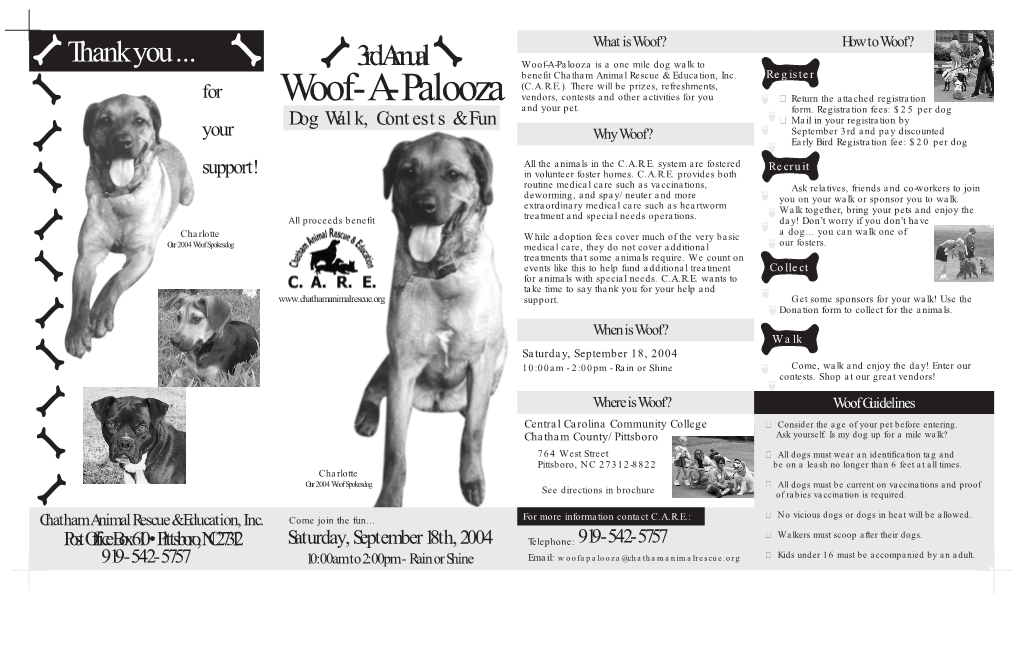 Woof-A-Palooza Is a One Mile Dog Walk to Benefit Chatham Animal Rescue & Education, Inc