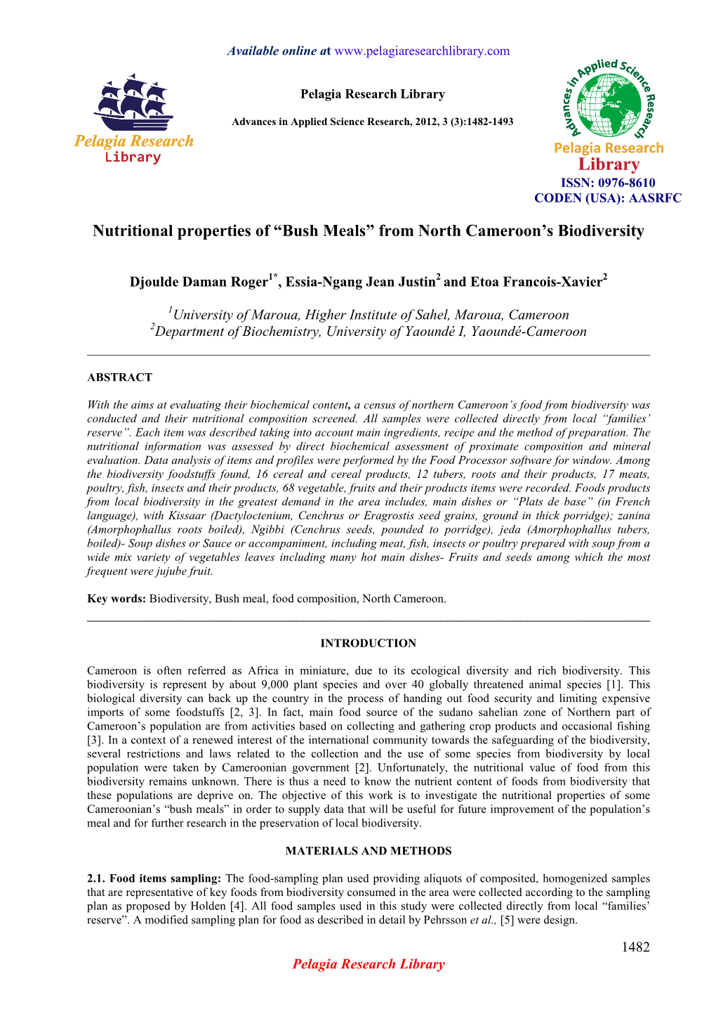 Nutritional Properties of “Bush Meals” from North Cameroon's Biodiversity