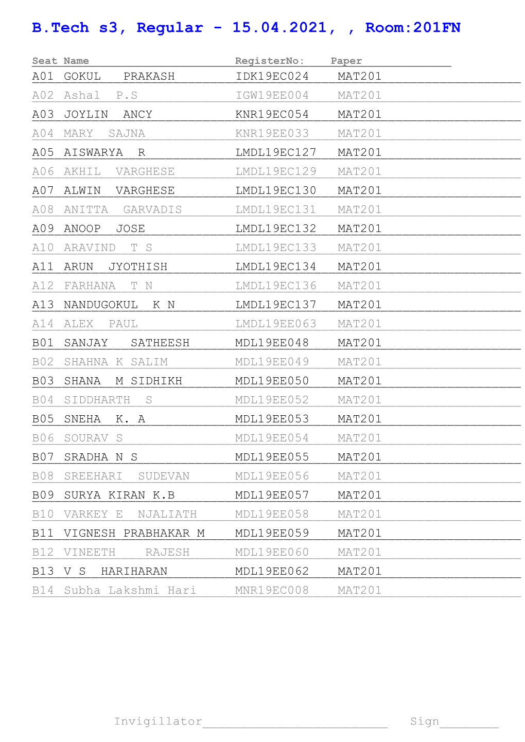 B.Tech S3, Regular - 15.04.2021, , Room:201FN