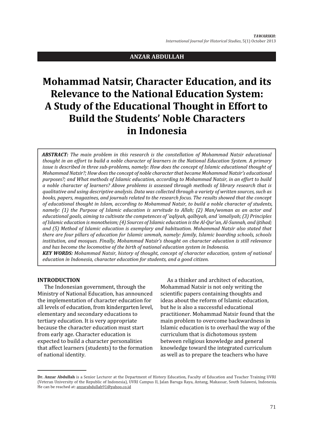 Mohammad Natsir, Character Education, and Its Relevance to The