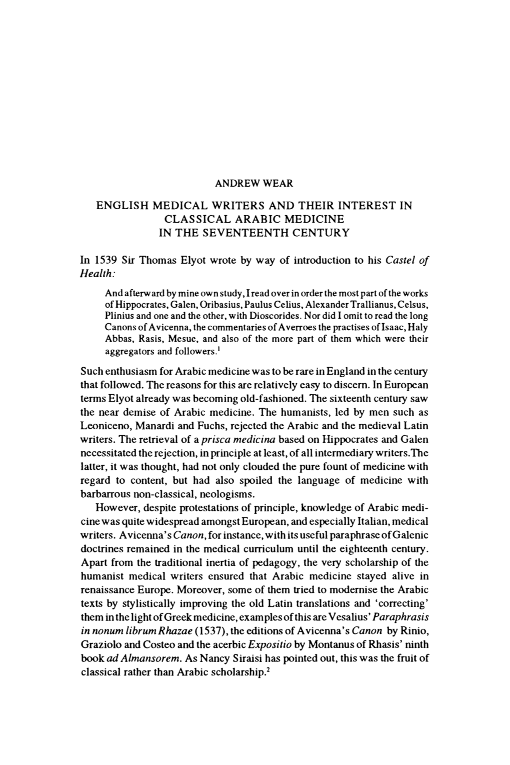 Andrew Wear English Medical Writers and Their Interest in Classical Arabic Medicine in the Seventeenth Century