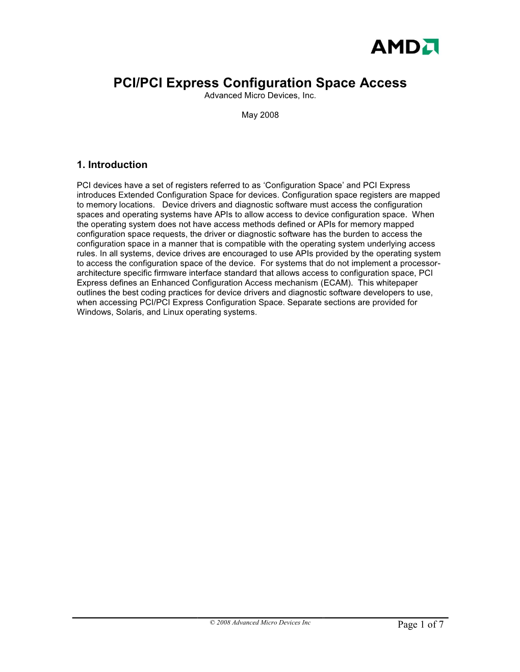 PCI/PCI Express Configuration Space Access Advanced Micro Devices, Inc