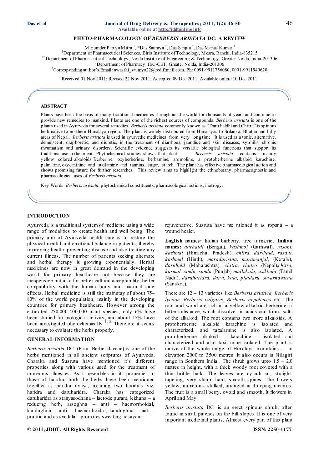 Phyto-Pharmacology of Berberis Aristata DC-A Review