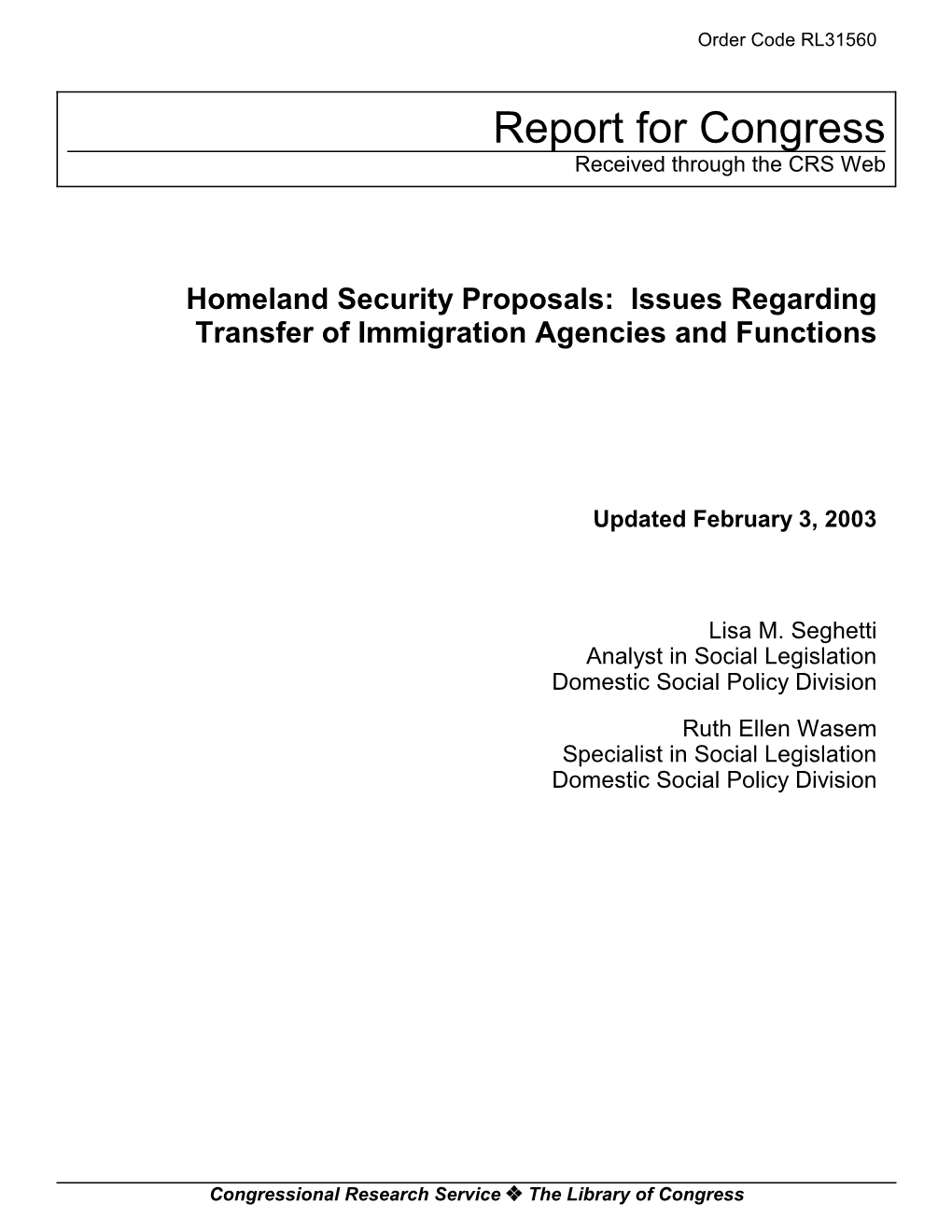 Homeland Security Proposals: Issues Regarding Transfer of Immigration Agencies and Functions
