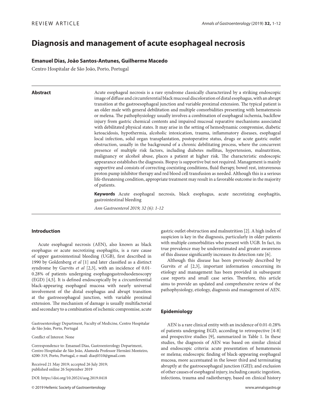 Diagnosis and Management of Acute Esophageal Necrosis