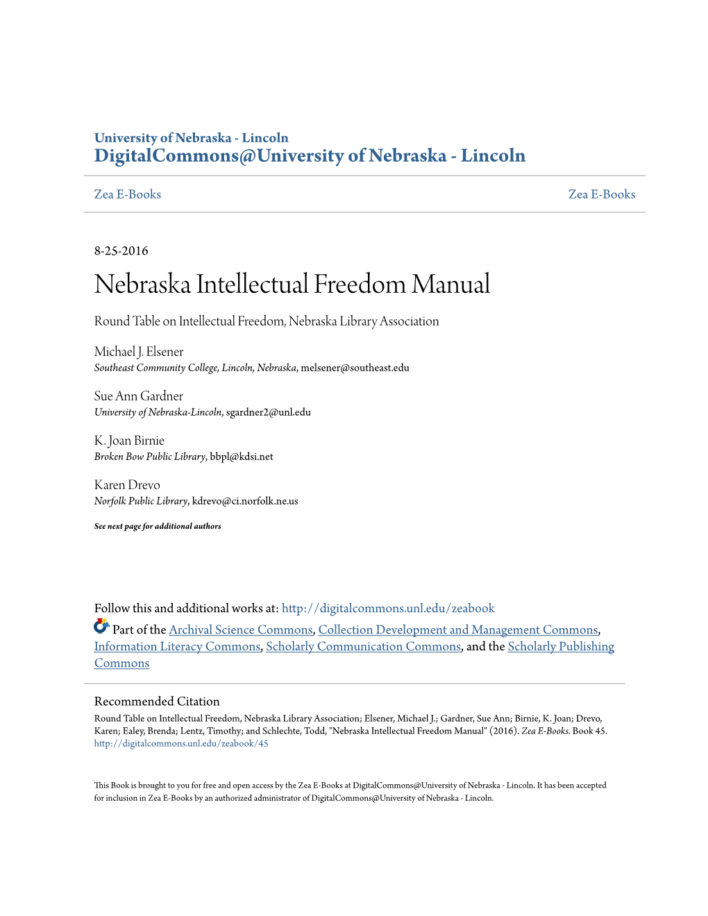 Nebraska Intellectual Freedom Manual Round Table on Intellectual Freedom, Nebraska Library Association