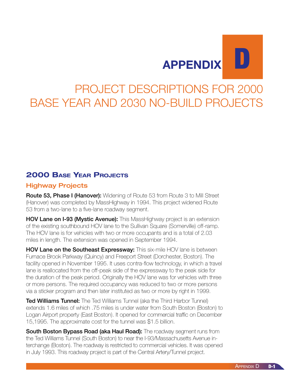 Appendix Project Descriptions for 2000 Base