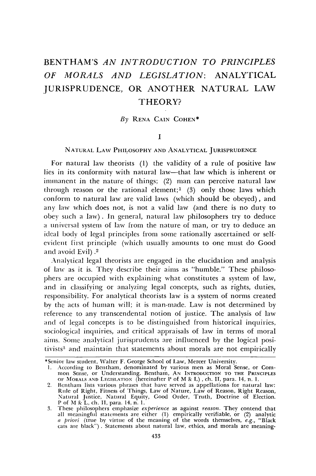 Bentham's an Introduction to Principles of Morals and Legislation: Analytical Jurisprudence, Or Another Natural Law Theory?