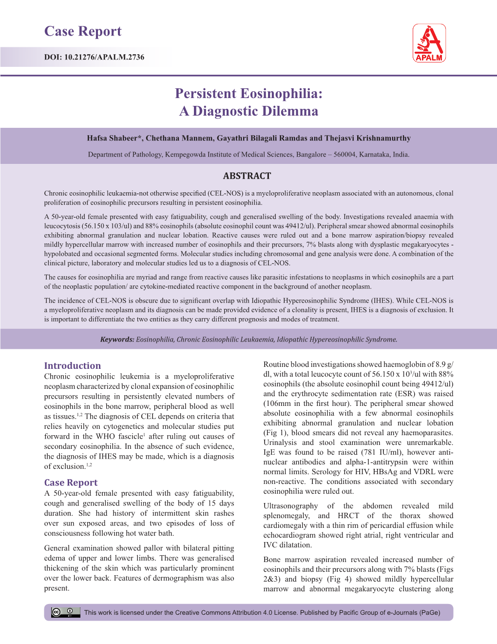 Case Report Persistent Eosinophilia: a Diagnostic Dilemma