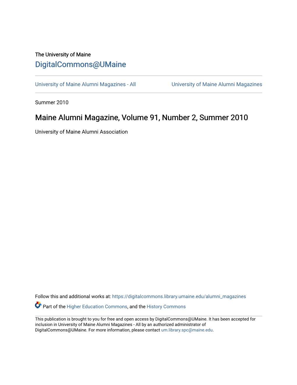 Maine Alumni Magazine, Volume 91, Number 2, Summer 2010