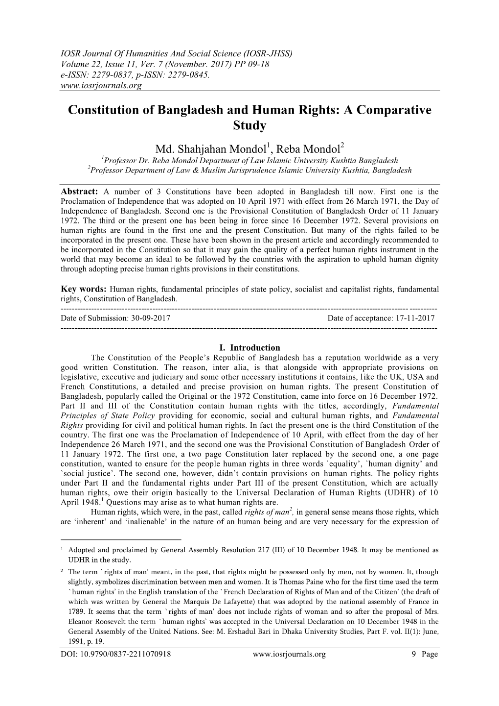 Constitution of Bangladesh and Human Rights: a Comparative Study