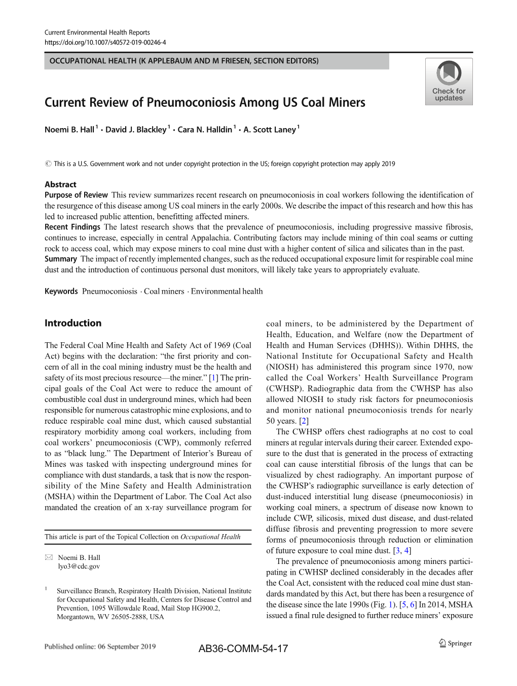 Current Review of Pneumoconiosis Among US Coal Miners