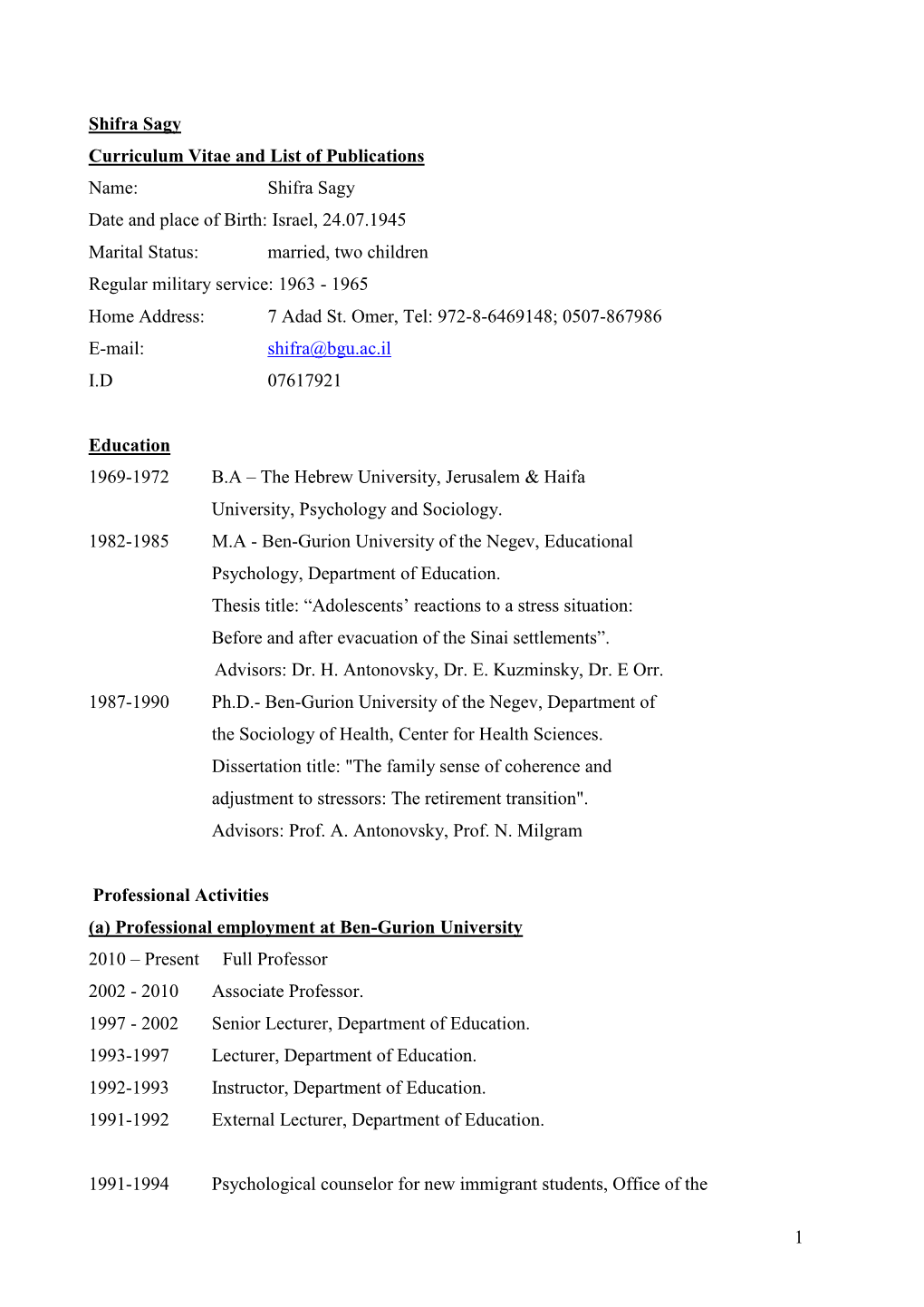 Curriculum Vitae and List of Publications