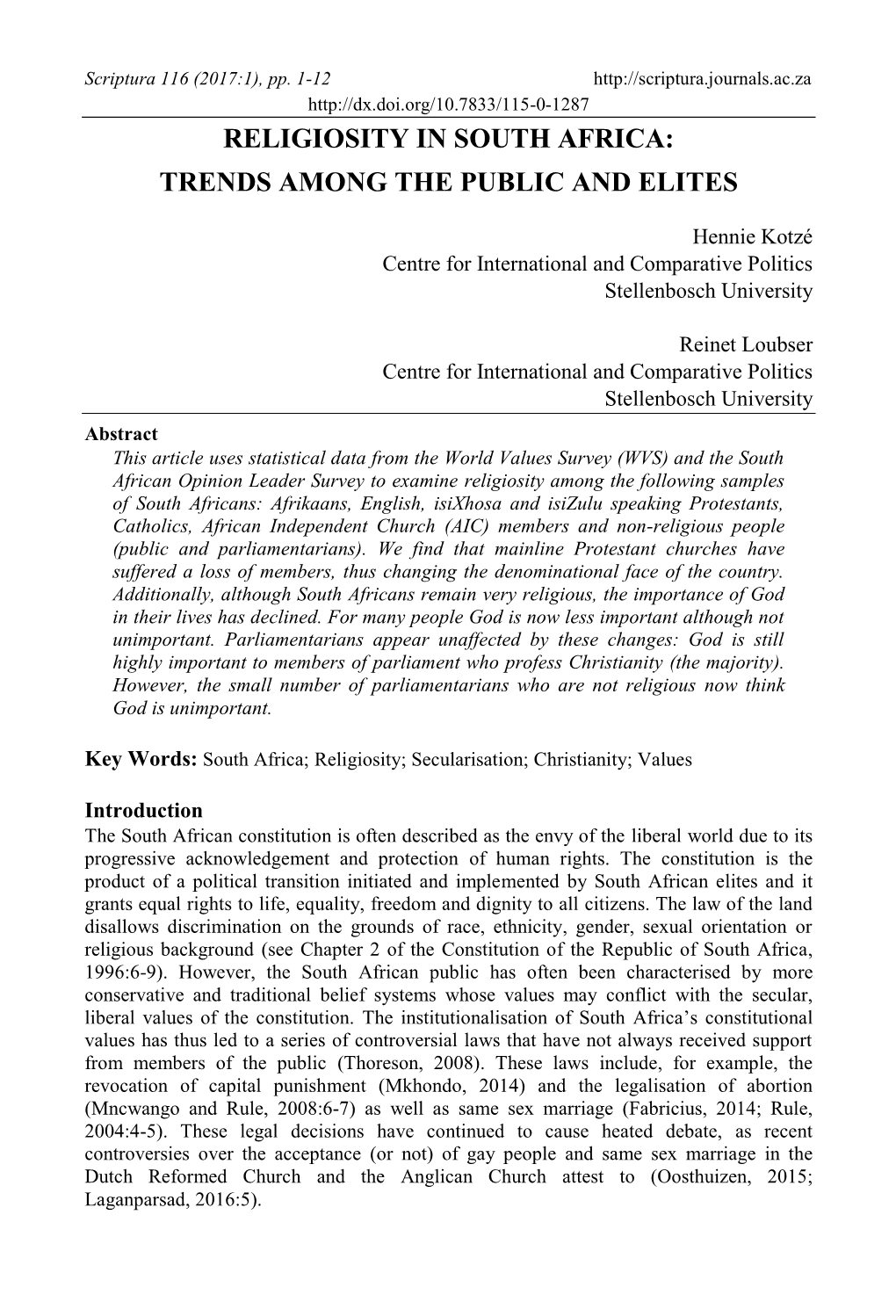 Religiosity in South Africa: Trends Among the Public and Elites