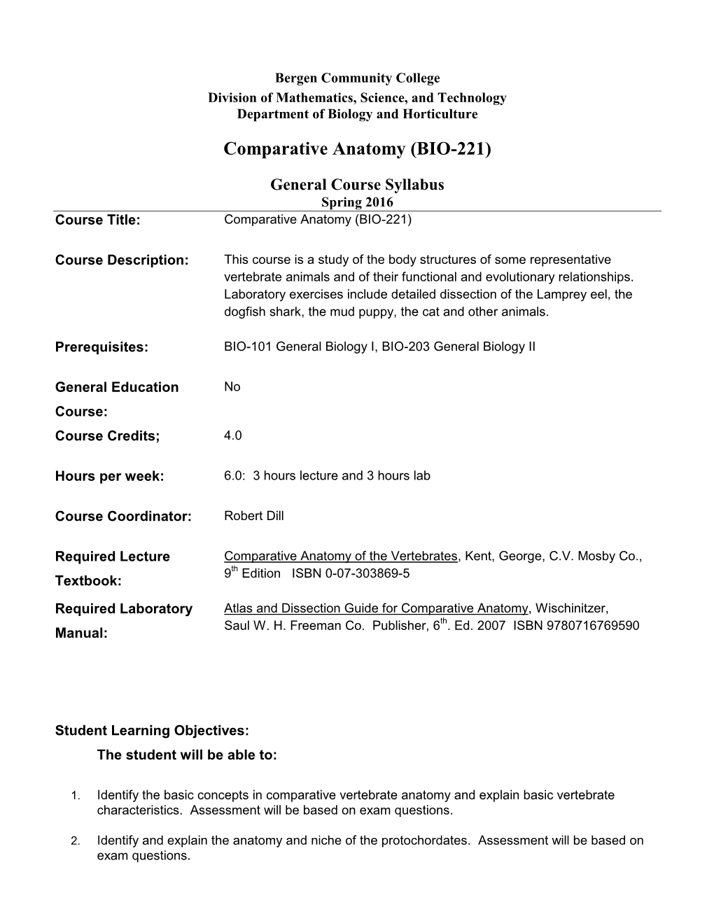 BIO-221 Comparative Anatomy